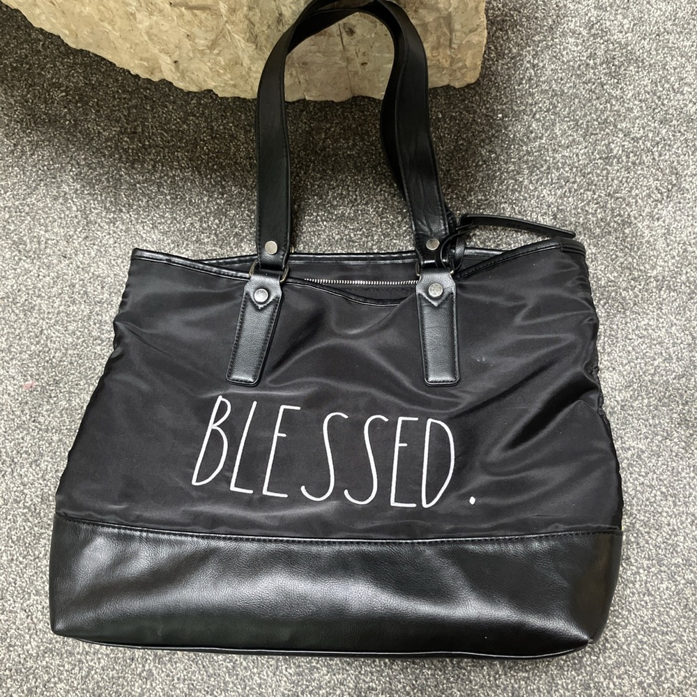Rae Dunn "Blessed" Embroidered Logo Black Medium Nylon Faux Leather Tote Bag